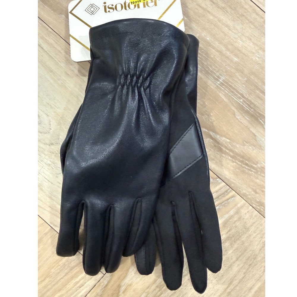 Isotoner Womens Black smartTouch Touchscreen Leather Spandex Gloves SM New - Picture 2 of 5